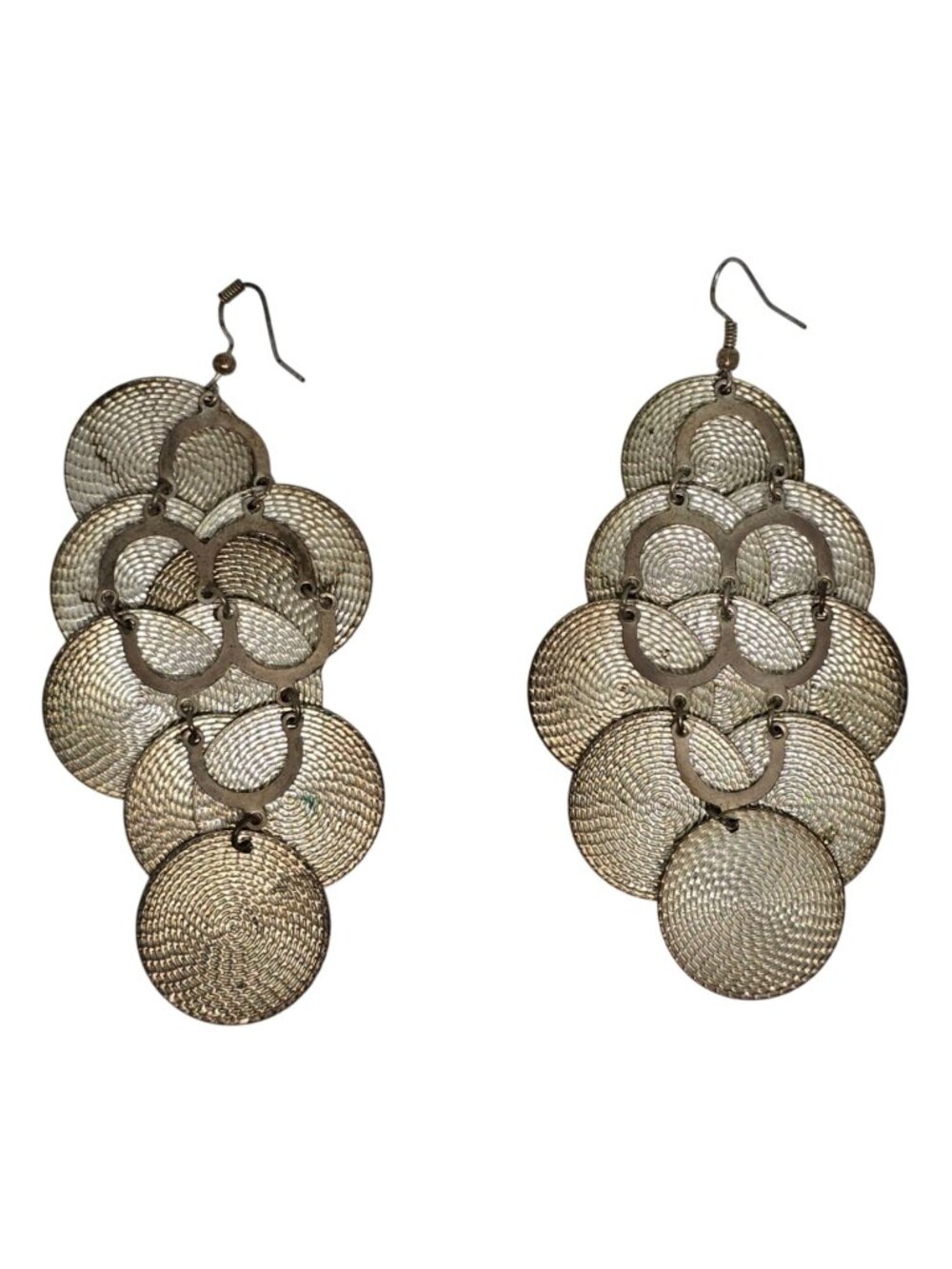 Vintage Silver Tone Disc Cascade Dangle Earrings Boho Statement Pierced Large - Picture 2 of 7